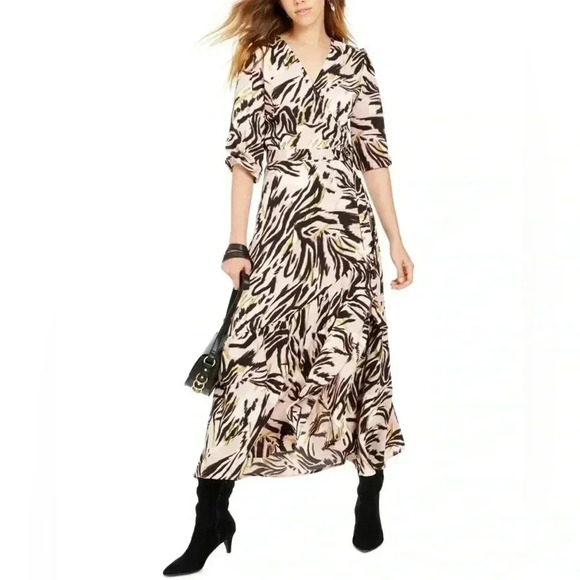 bar III Women’s Pink Black Animal Print Wrap Dress Size Large - Picture 1 of 12